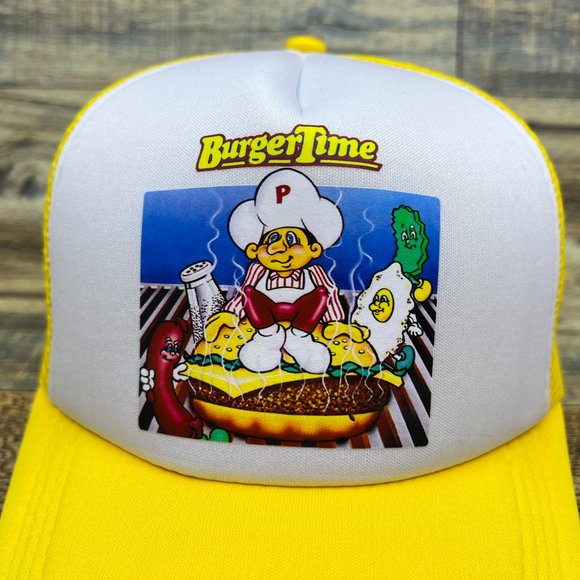 Burger Time Mens Trucker Hat Yellow Snapback 1981 Arcade Retro Video Game Cap - Picture 3 of 8